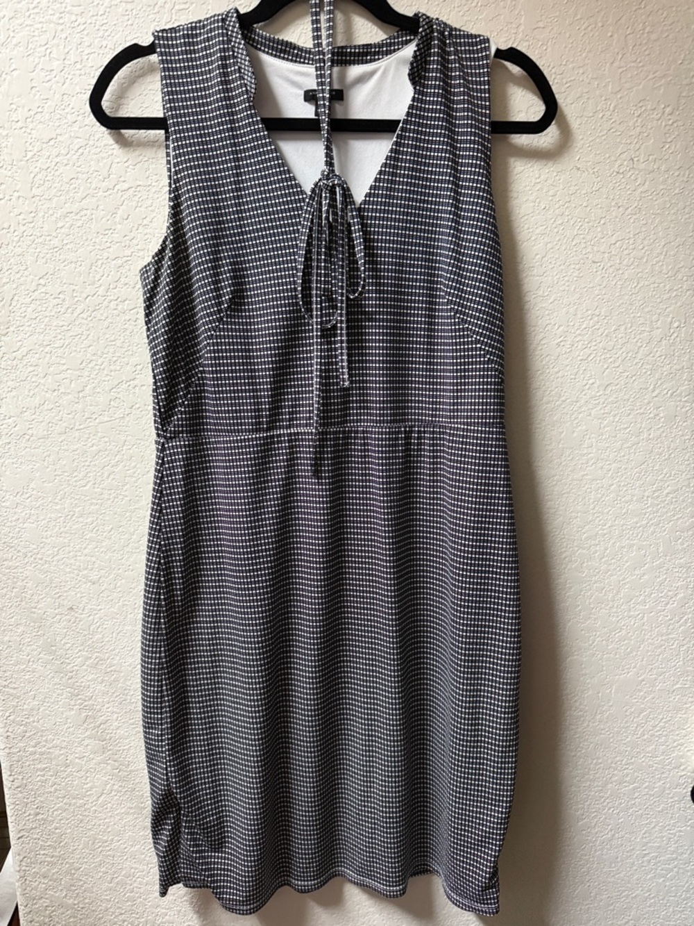 Ann Taylor Black and White Gingham Tie-Neck Midi Dress